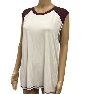 Pol Cap Sleeve 2 Tone Burgundy Cream Comfortable Jersey Top Shirt Womens Small